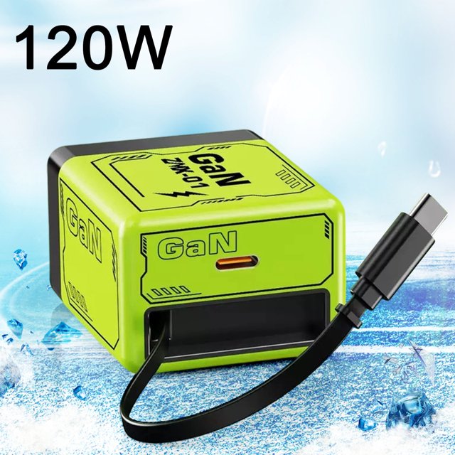 Wzzjkit 2 en 1 GaN Charger 120 Watts Rétractable Charger avec Câble Type‐C et Ports USB. une Prise Murale Vert lime à Recharge Rapide avec Technologie GaN Avancée, Comprenant un Câble Type‐C Rétractable et un port USB pour la Recharge Simultanée de Téléphones Intelligents, Tablettes et Ordinateurs Portables. design Compact avec une Prise Pliable, Idéal pour les Voyages, Présenté sur un Fond Bleu Pâle avec des accents Glacés.