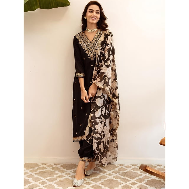 Indo Era Ethnic Motifs Embroidered Regular Thread Work Kurta with Salwar & Dupatta - Indian Ethnic Traditional Wear Kurta Set