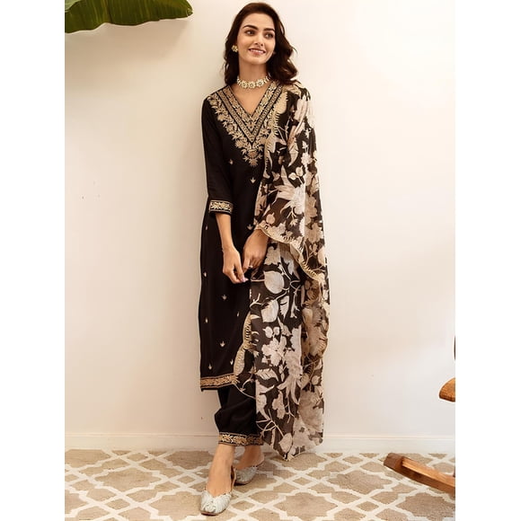 Indo Era Ethnic Motifs Embroidered Regular Thread Work Kurta with Salwar & Dupatta - Indian Ethnic Traditional Wear Kurta Set