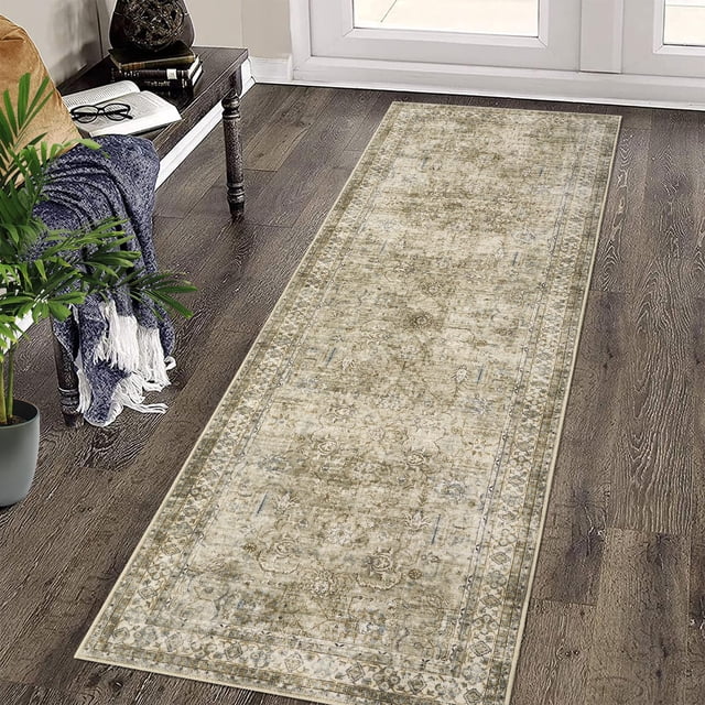 Vintage Oriental Floral Runner Rug, Tribal Style, Beige, Non-Slip, Low Pile, Washable, Indoor Use, Dining Room