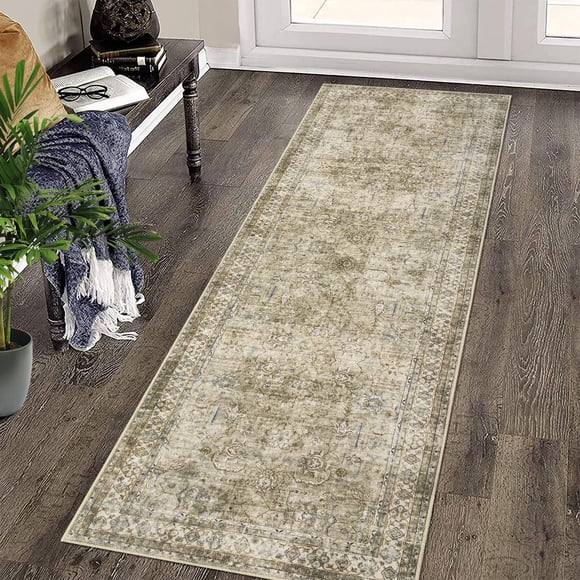 Vintage Oriental Floral Runner Rug, Tribal Style, Beige, Non-Slip, Low Pile, Washable, Indoor Use, Dining Room