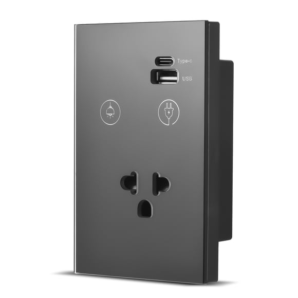 Mistaha Multi-functional Smart Wall Light Switch with Type-C/USB/US Plug Outlets, WiFi Control, Tempered Glass Panel, Timer, and Group Sharing - Black US Plug 1 Way