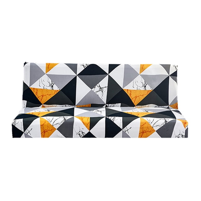 Housse de Futon Imprimée en Polyester, Protecteur de Meuble Élastique en Polyester Extensible pour Sofa, au design Géométrique avec Motifs Noir, Blanc, Gris et orange. Conçue pour les sofas Futon Sans Accoudoirs, avec des dimensions de 62,99-74,8 Pouces de Longueur, 17,72-23,62 Pouces de Largeur et une Épaisseur de Coussin Moins de 9,84 Pouces. Fabriquée en Tissu Polyester durable et Extensible avec des Bandes Élastiques Sécurisées pour Empêcher le Glissement. Lavable à la Machine et Convient aux Canapés-Lits Sans Accoudoirs.