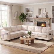 Puremind L Shaped Sofa, Oversized 5 Seat Corner Sofa with Side Pockets, Sectional Couches for Living Room/Apartment, Beige