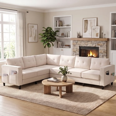Puremind L Shaped Sofa, Oversized 5 Seat Corner Sofa with Side Pockets, Sectional Couches for Living Room/Apartment, Beige