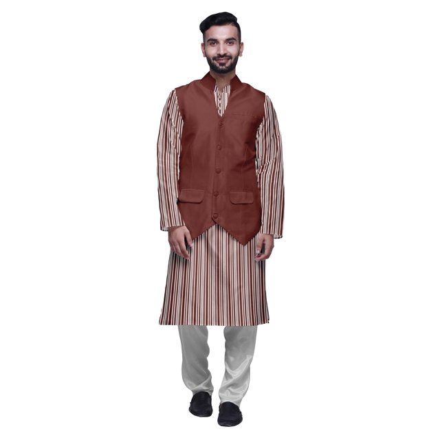 Atasi Cotton Mens Kurta Pajama With Jacket Indian Mandarin Ethnic Wear Set