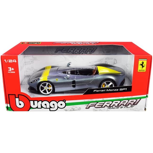 Bburago 26027 Ferrari Monza SP1 Silver Metallic with Yellow Stripes 1 by 24 Scale Diecast Model Car