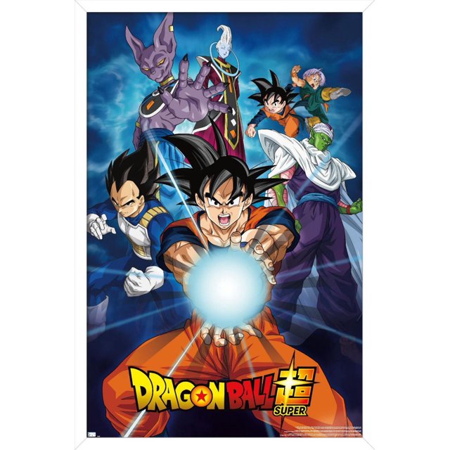 Dragon Ball Super - Groups Wall Poster, 22.375" x 34" framed featuring main anime characters in dynamic action poses on a blue energy background, including Goku in orange performing an energy blast, Vegeta in blue armor, Piccolo in white cape and purple outfit, Trunks mid-kick, Beerus with purple skin and extended hand, and Whis in red and black robes, with the Dragon Ball Super logo at the bottom, ideal for decorating bedrooms, offices, or dorm rooms.