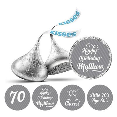 Darling Souvenir Cheers 70th Birthday Custom Name Stickers 190 Pcs Candy Labels Party Favor-Light Gray