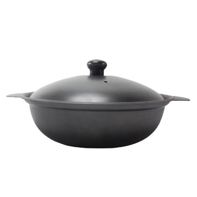 CIMAXIC 1 Pc Strong Cast Iron Casserole Yellow Stewed Chicken Rice Pot with Lid, measuring 8.66 inches by 7.09 inches by 2.36 inches. The pot is made of durable cast iron with a smooth black finish and features a domed lid with a black Bakelite knob. Designed for multi-purpose cooking, including stewing, boiling, and baking, it ensures even heat distribution and excellent heat retention. The casserole pot is shown in a side view on a white background.