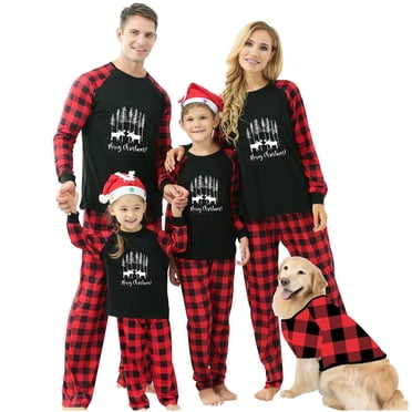 Penkiiy Ensembles de Pyjamas Assortis pour la Famille, Pyjamas de Noël avec T-Shirt à Manches Longues Imprimé de Lettres et Carreaux et Bas, Tenue de Détente, Noir P