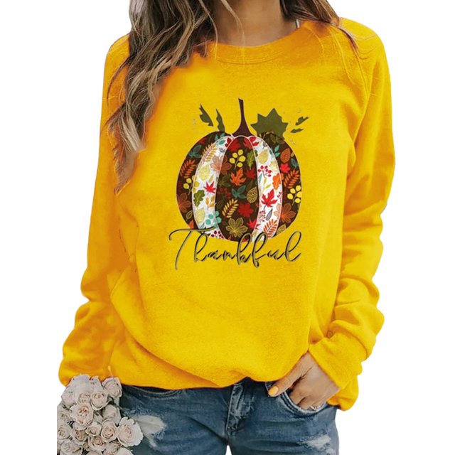 Innerwin L'action de Grâce Tops Citrouille Impression Femmes T-Shirt Parti Cou Ample Tee Jaune XS
