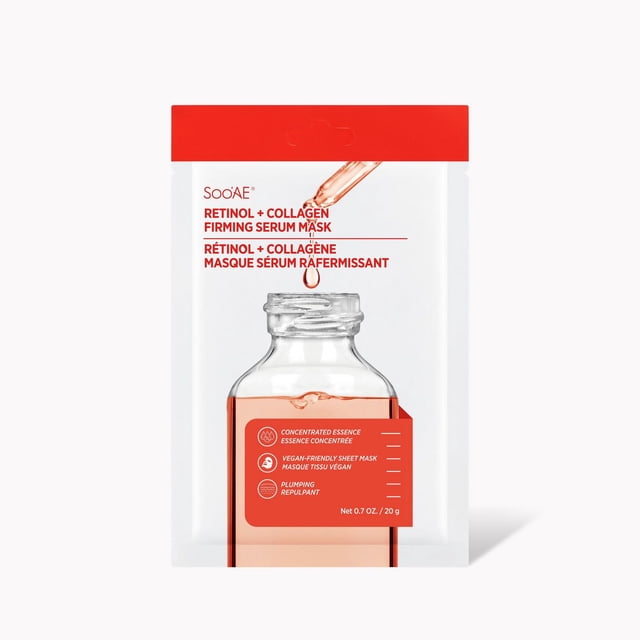 Soo'AE Retinol + Collagen Firming Serum Mask in a white and red sachet featuring a clear glass bottle filled with orange serum and a dropper releasing a drop, highlighting concentrated essence, vegan-friendly sheet mask, and plumping benefits, net 0.7 oz / 20 g, suitable for skin rejuvenation.