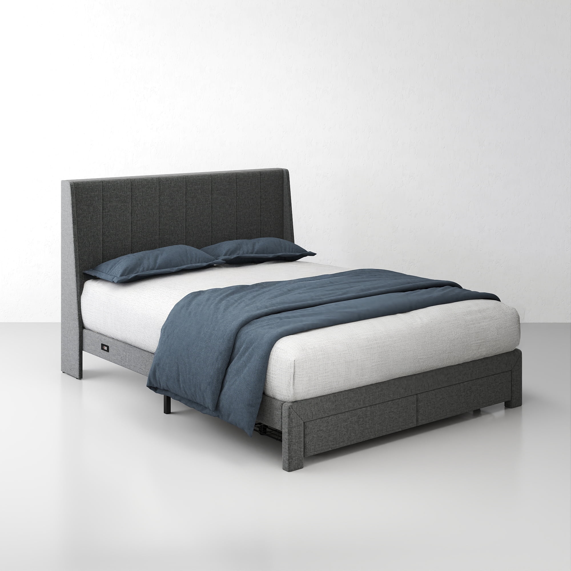 Homy Casa Upholstered Queen Bed Frame with Portable Bedside Tray Table