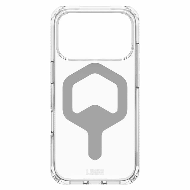 Étui UAG Plyo MagSafe Glace/blanc pour iPhone 17 Pro Montré par l'Arrière avec un Cadre transparent en TPU Absorbant les Chocs et une Plaque Arrière en PC Transparente avec un design Magnétique MagSafe Gris, une Lunette d'Appareil Photo Surélevée, des Boutons Tactiles Surdimensionnés et des Coins air-soft pour une protection contre les Chutes de Qualité Militaire et la Compatibilité avec la Recharge Sans Fil.