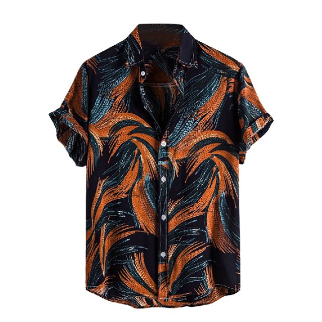 Leutsin Men Short-Sleeved Printed Color Buttons Cardigan Casual Shirt Tops