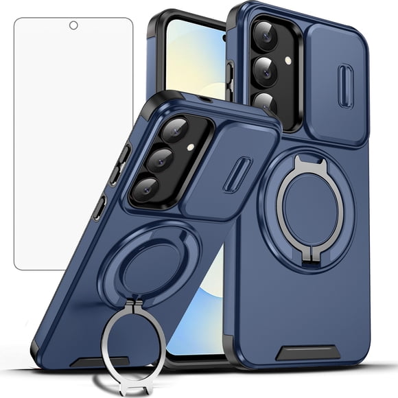 Asuwish Compatible with Samsung Galaxy S25 FE 5G Phone Case Slide Camera Cover Tempered Glass Screen Protector Stand Ring Holder Rugged Slim Cell for S 25 EF AI S25FE 25S Women Men Blue