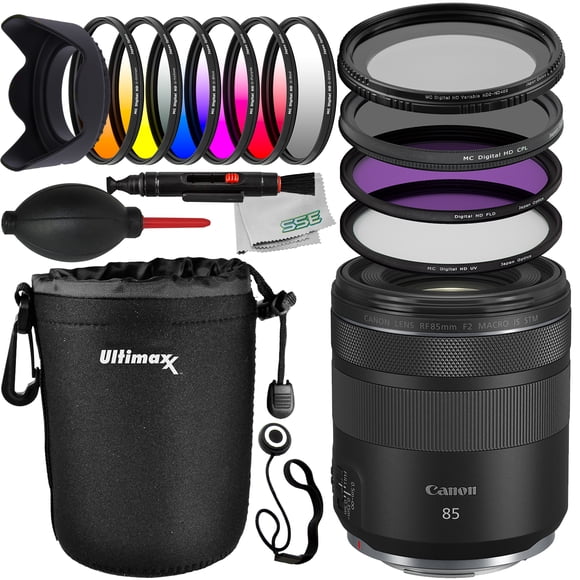 Canon RF 85mm f/2 Macro IS STM Lens with Essential Accessory Bundle: Water Resistant Lens Pouch, Professional 6PC Gradual Color Filter Kit, Multi-Coated 3PC UV Filter Kit & Much More