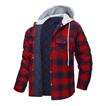 RKSTN Mens Flannel Shirt Jacket with Quilted Lined Long Sleeve Plaid Coat Winter Button Down Hooded Thick Outwear Winter with Pockets
