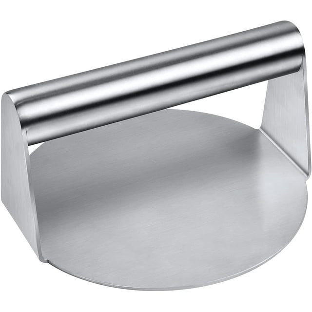 Burger Press, Stainless Steel Burger Smasher for Griddle with a flat circular base and ergonomic stainless steel handle. Constructed from 304 stainless steel, offering high temperature resistance, corrosion resistance, and rust resistance. Suitable for pressing burgers, bacon, ham, and grilled sandwiches for even cooking. Often used in kitchens, restaurants, and camping settings.
