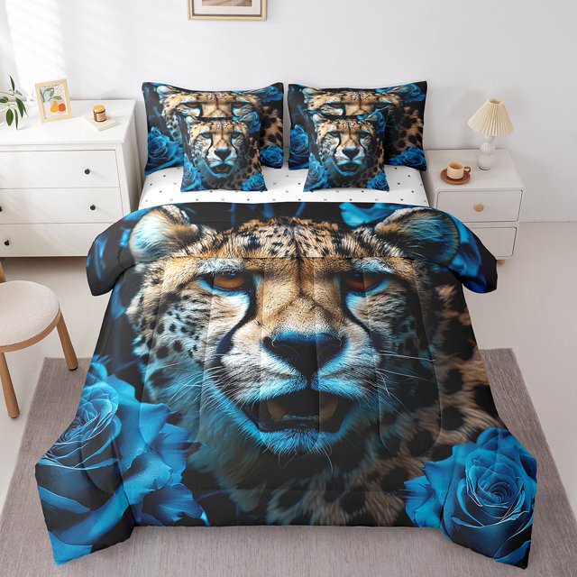YST Leopard King Comforter Set - 7-Piece Blue Rose Bedding Ensemble, King