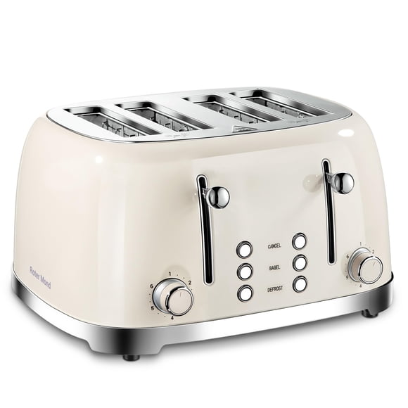 4 Slice Toaster Roter Mond Retro Stainless Steel with Bagel Defrost Cancel Function, 6 Browning Settings, Extre Wide Slot and Removable Crumb Tray, Cream, ST033