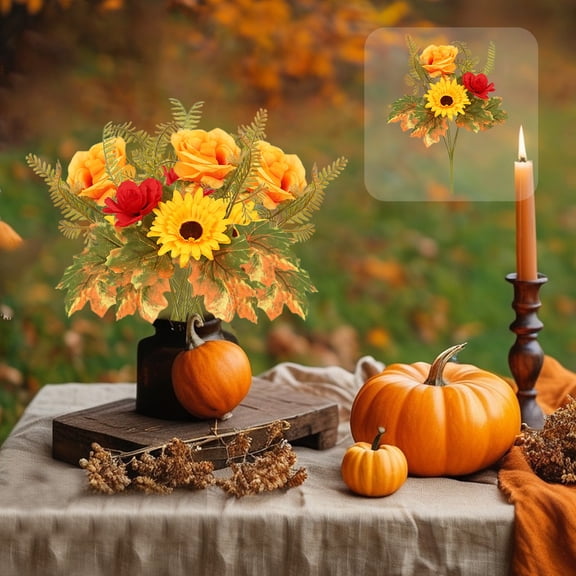 Rourlinge Artificial Fall Floral Arrangement with Flowers & Fake Maple Leaves, Rustic Autumn Faux Floral Branches for Vase Mantel DIY Wreath Party Table Setting