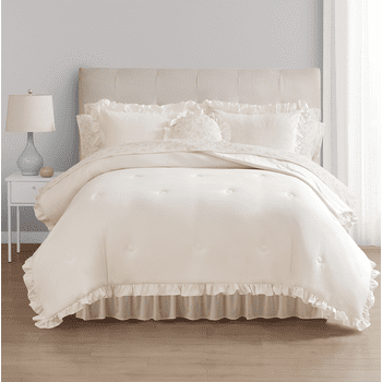 Mainstays 11-Piece Bed in a Bag Comforter Set with Sheets, Cream Ruffle, Queen