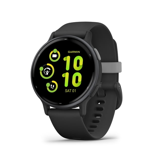 Garmin vívoactive® 5 Montre Intelligente GPS et Traqueur de Mise en Forme en Noir avec un Écran AMOLED Rond de 1,2 Po Affichant l'Heure Numérique Verte 10:10, la date Saturday 01, et Trois Icônes Circulaires d'Activité de Mise en Forme. Elle Comprend un Bracelet en silicone Noir, une Lunette en Aluminium Anodisé et un Objectif en Verre Corning Gorilla 3, Idéal pour la Surveillance de la Santé et le Suivi de l'Entraînement.
