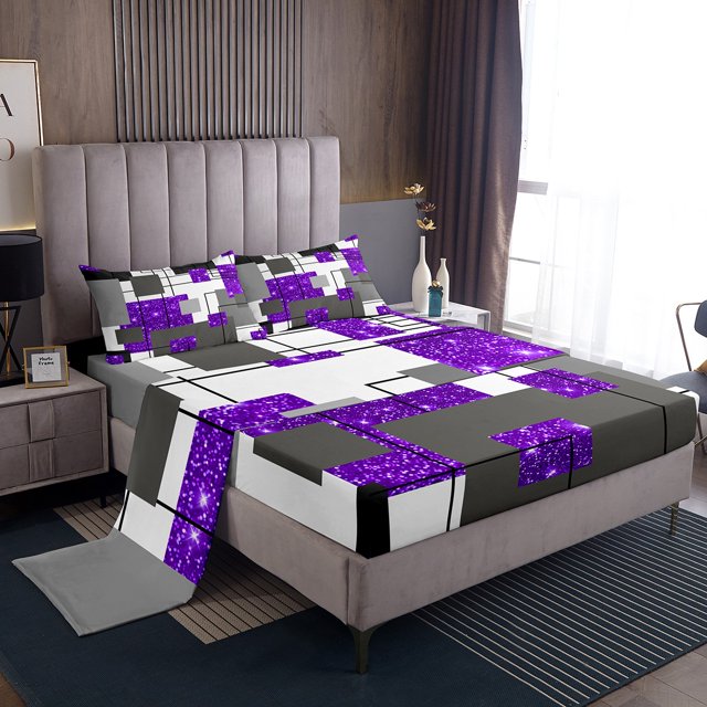 YST Abstract Geometric Bed Sheets Queen Purple Glitter Bling Sequins Grid Sheet Set For Kids Girls Teen,Geometry Stripes Check Fitted Sheet Starry Sky Stars Flat Sheet 2 Pillow Cases