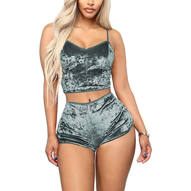 Women 2PCS Lingerie Set Slim Solid Sling Crop Top Short Elastic Band Pants