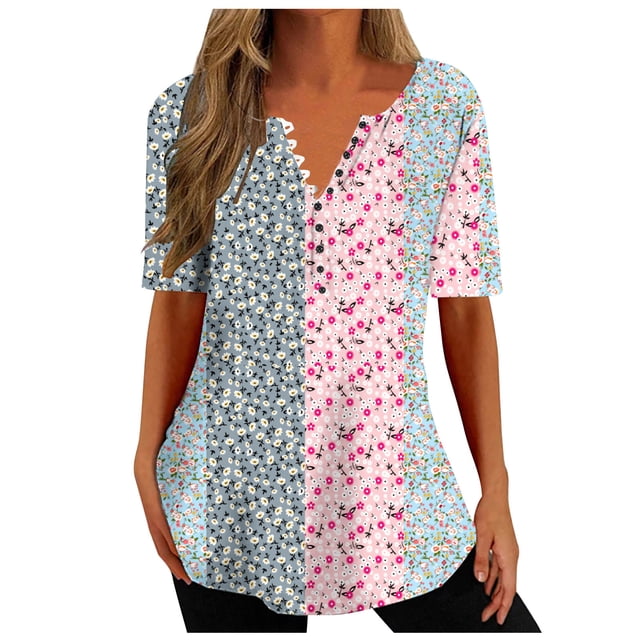 Penkiiy Blouse Décontractée à Manches Courtes et Col en V pour Femmes, Imprimé, Été, Boutons, m Rose