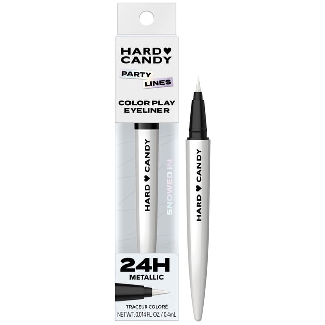 Hard Candy Color Liquid Eyeliner w/ Lash Boost Serum in metallic white Snowed In shade, featuring a thin-tip brush for precise, smudge-proof 24-hour wear, displayed in white pen packaging with black text and clear box.