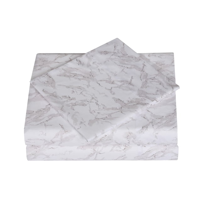 Red Label Ensemble de Draps en Microfibre Brossée Super Doux, Entretien Facile, Blanc avec Motif Marbre Gris Pâle, Drap Plat Replié et Taies d'Oreiller, Fabriqué en Tissu Microfibre Résistant aux Plis, Convient aux Matelas jusqu'à 14 Pouces de Profondeur, Convient à une Literie Confortable et Facile d'Entretien.