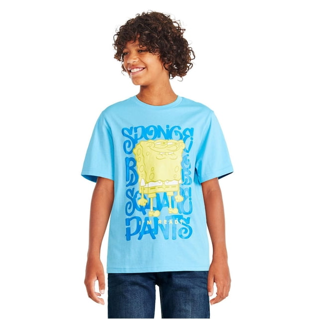 SpongeBob SquarePants Boys' Short Sleeve Tee front-facing crewneck boys' graphic tee in soft jersey knit with a large SpongeBob chest print, breathable 60% cotton/40% polyester, short sleeves and straight hem sized for boys for everyday wear at school or home.