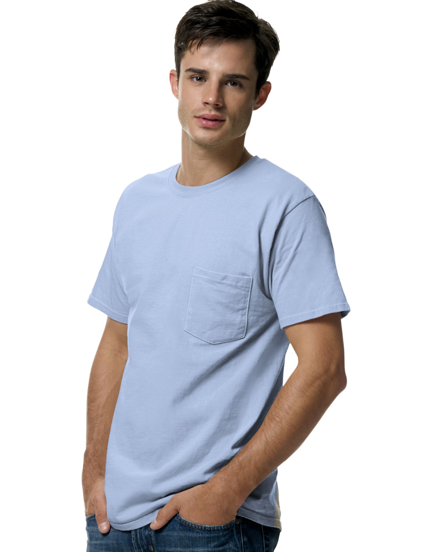 Hanes TAGLESS Men`s Pocket T-Shirt, 2XL, Light Blue