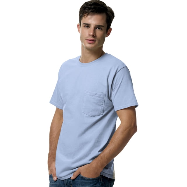 Hanes TAGLESS Men`s Pocket T-Shirt, 2XL, Light Blue