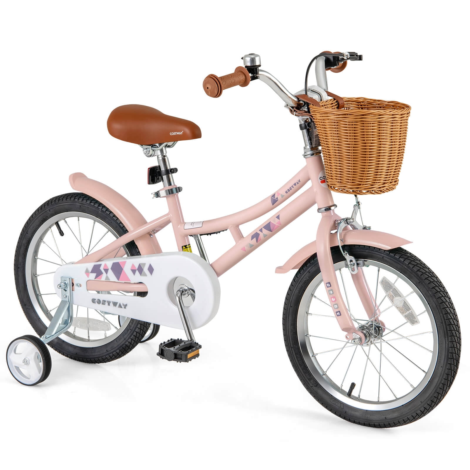 Costway 16" Kid Bicycle with Height-Adjustable Handlebar & Saddle Storage Basket Bell Pink