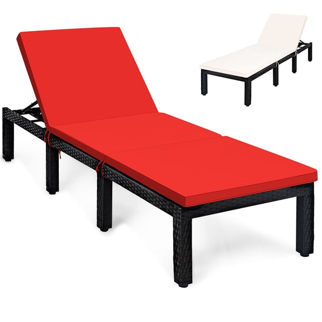 Gymax Patio Lounge Chair Rattan Chaise w/ Adjustable Red & Off White Cushioned