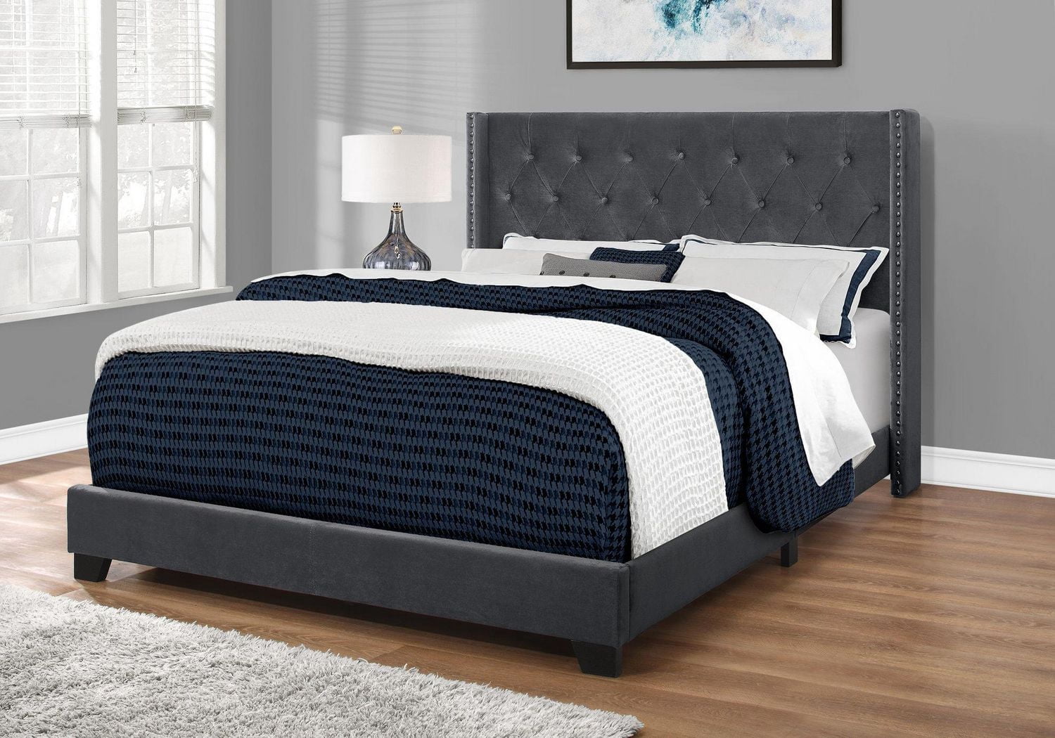 Monarch Specialties Lit, Grand, Plate-forme, Chambre À Coucher, Cadre, Rembourré, Velours, Pattes En Bois, Gris, Chrome, Transitionnel