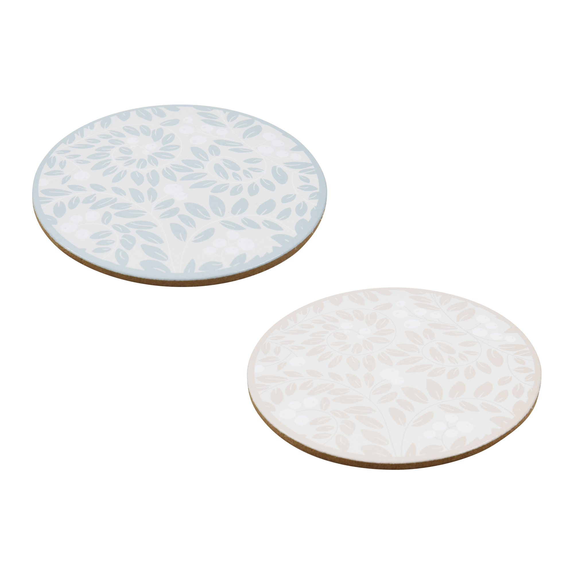 Holiday Time Lot de 4 sous-verres ronds en liège à motif de feuilles, isolants thermiques, isolants thermiques, Vert naturel et beige