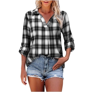 Lovzfmll Women's Long Sleeve Casual Button-Down Plaid Top, Checked Shirt Black, S
