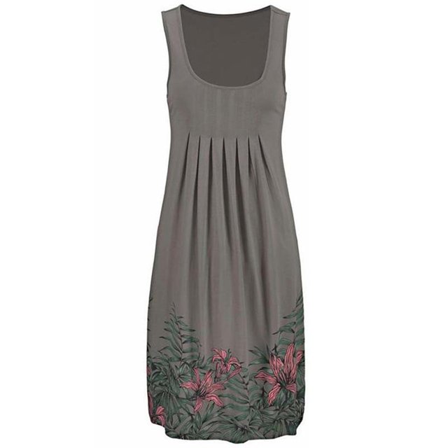 BJYX Sundress Femmes Casual Robe d'Été Cou Sans Manches Plissé Imprimé Beachwear Tank Sundresses Swing Robe