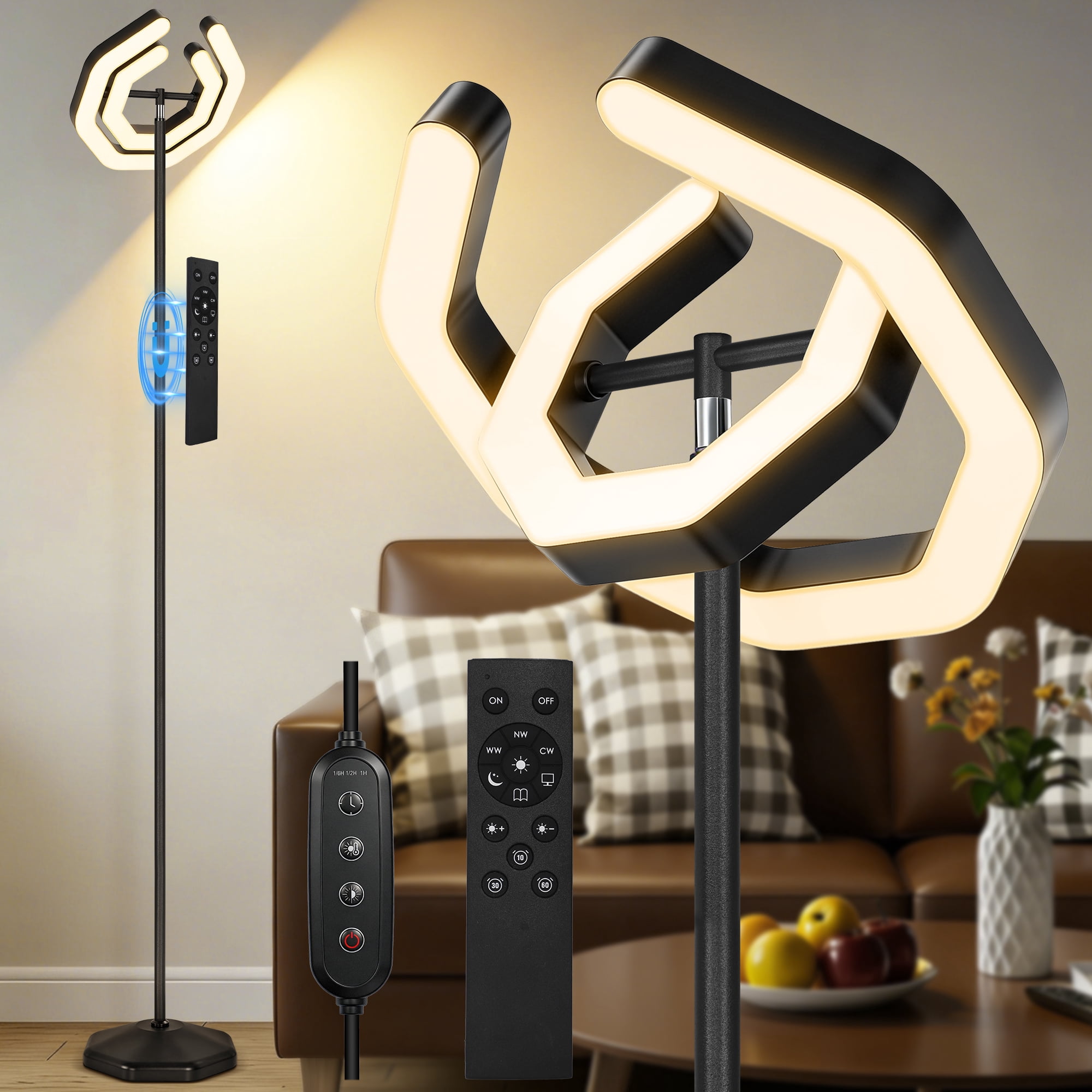 OUTON LED Floor Lamp for Living Rotatable Standing Lamp with Remote Control, 2700-6500K Color Modern Floor Reading Light, Dimmable Corner Tall Lamp for Bedroom Office, Black