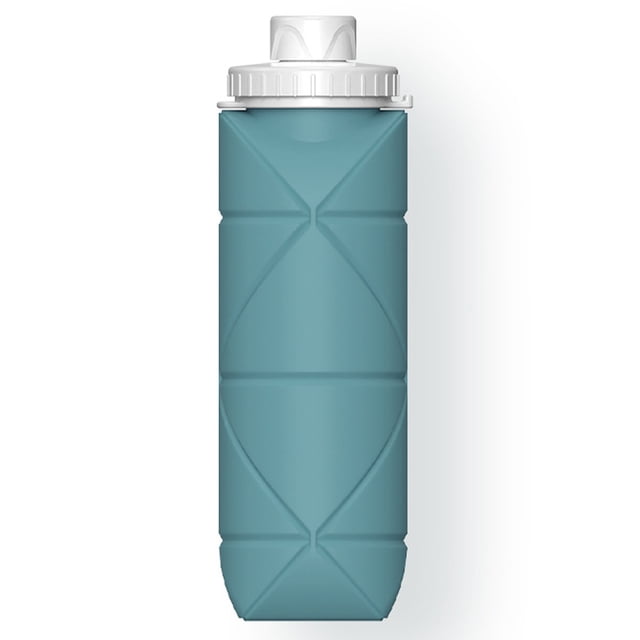 Collapsible Water Bottles Leakproof Valve Reusable BPA Free Silicone Foldable Water Bottle by Biinggo, shown in a teal color with a textured silicone body and a white screw cap. Designed for beverage storage, it features a compact, foldable design for portability and a wide-mouth opening for easy cleaning and adding ice or lemon. Suitable for hot and cold beverages, it is leakproof and impact-resistant.