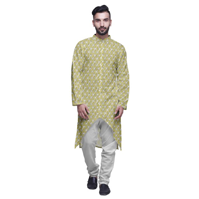Atasi Printed Long Sleeve Kurta For Men Button Down Cotton Slub Ethnic Shirt
