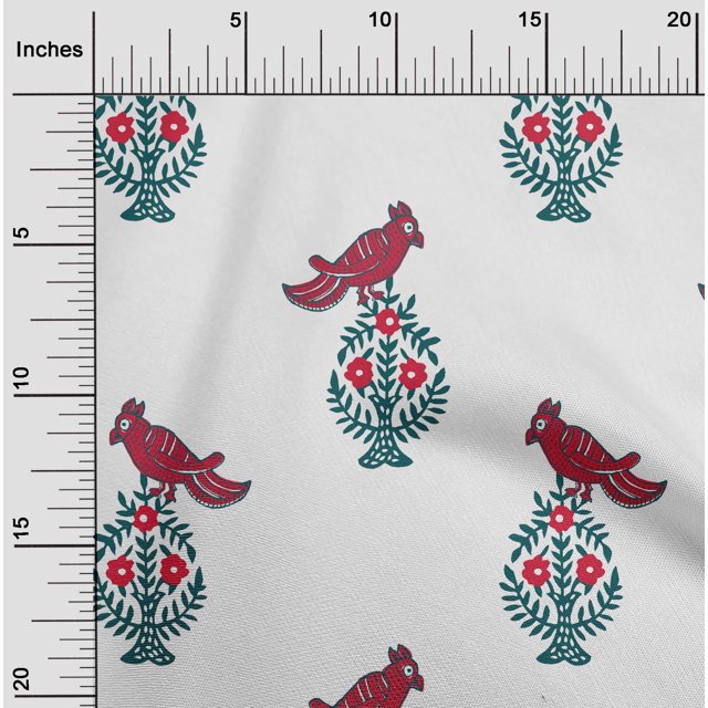 oneOone Cotton Poplin Fabric Leaves|Bird & Floral Block Printed Craft Fabric BTY 56 Inch Wide