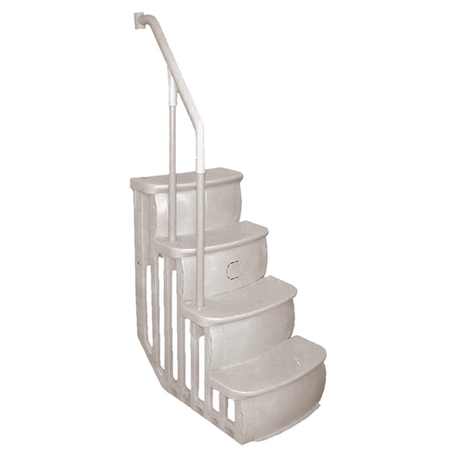Main Access Smart Step 24-inch wide swimming pool entrance stairs in taupe, designed for above-ground pools with wall heights of 48 to 54 inches. Features four corrosion-proof resin steps with a flow-through design to improve water circulation and prevent algae buildup. Includes a handrail for added safety and stability. Compatible with the Main Access 200700T ladder (not included) to create a complete entry system. Suitable for deck attachment with additional hardware or modification.