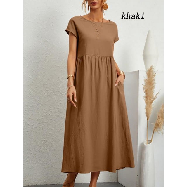 2024 Nouvelle Robe Femme Rétro Couleur Unie Sans Manches Jupe Longue Ample avec Poches