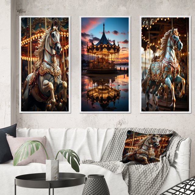 Designart "A Celebration of Carousel s Timeless Charm" Cityscapes Framed Wall Art Set Of 3 - Multi-Color Carousel Frame Canvas Set For Living Room Decor